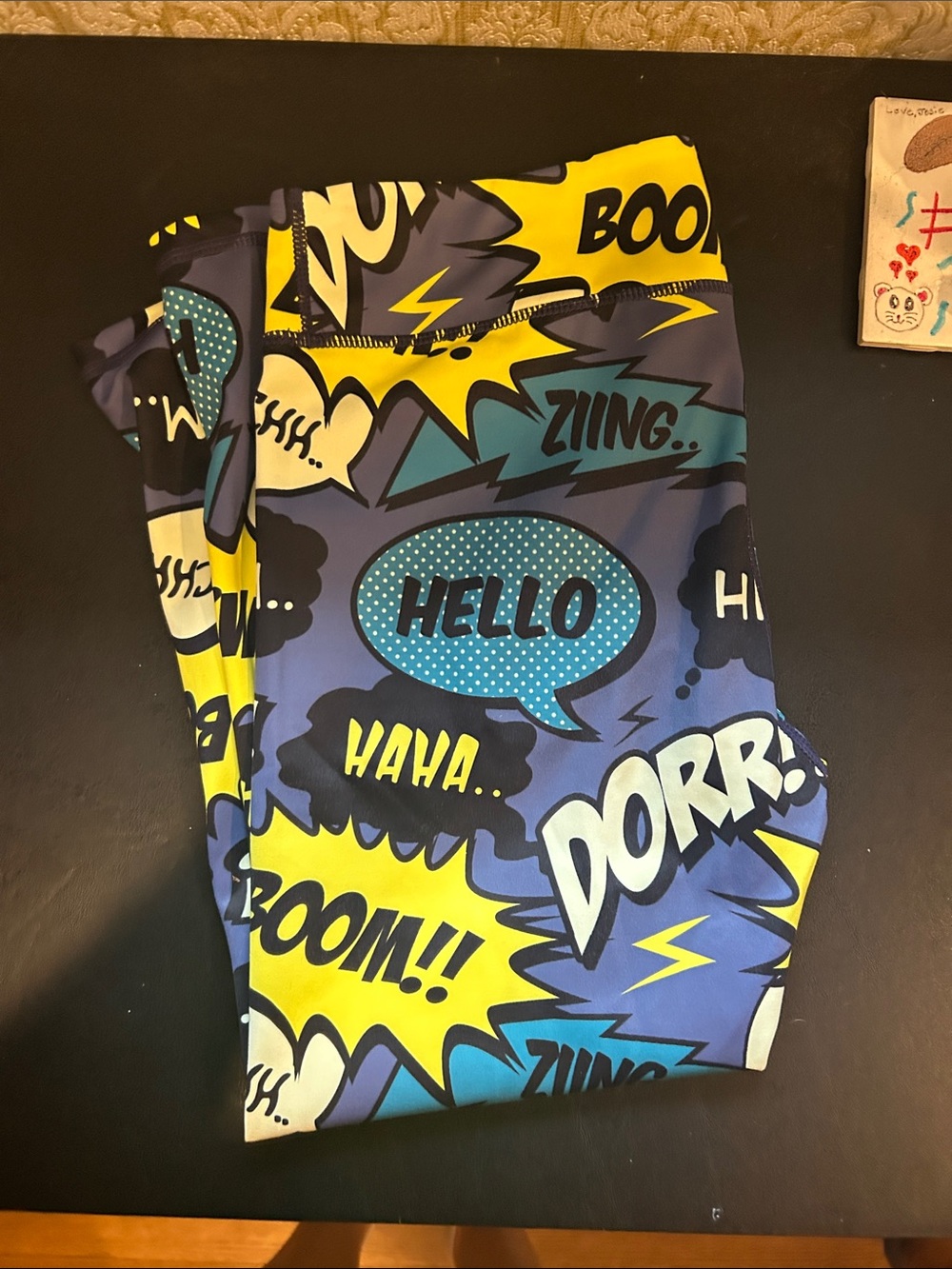 Comic-Print Cropped Leggings in Blue and Yellow